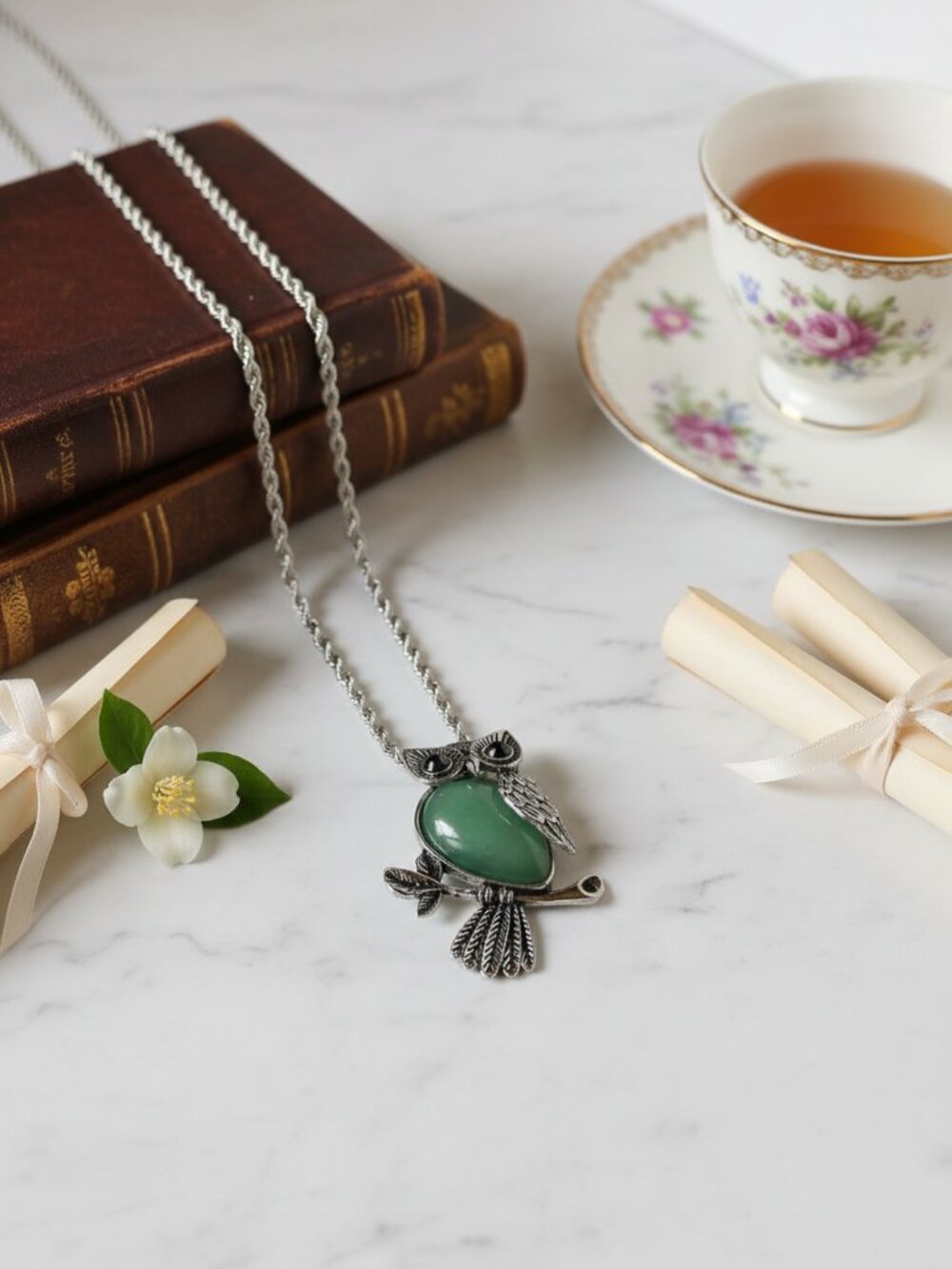 Aventurine Owl Necklace Teardrop Crystal | Owl Pendant | Luck & Abundance